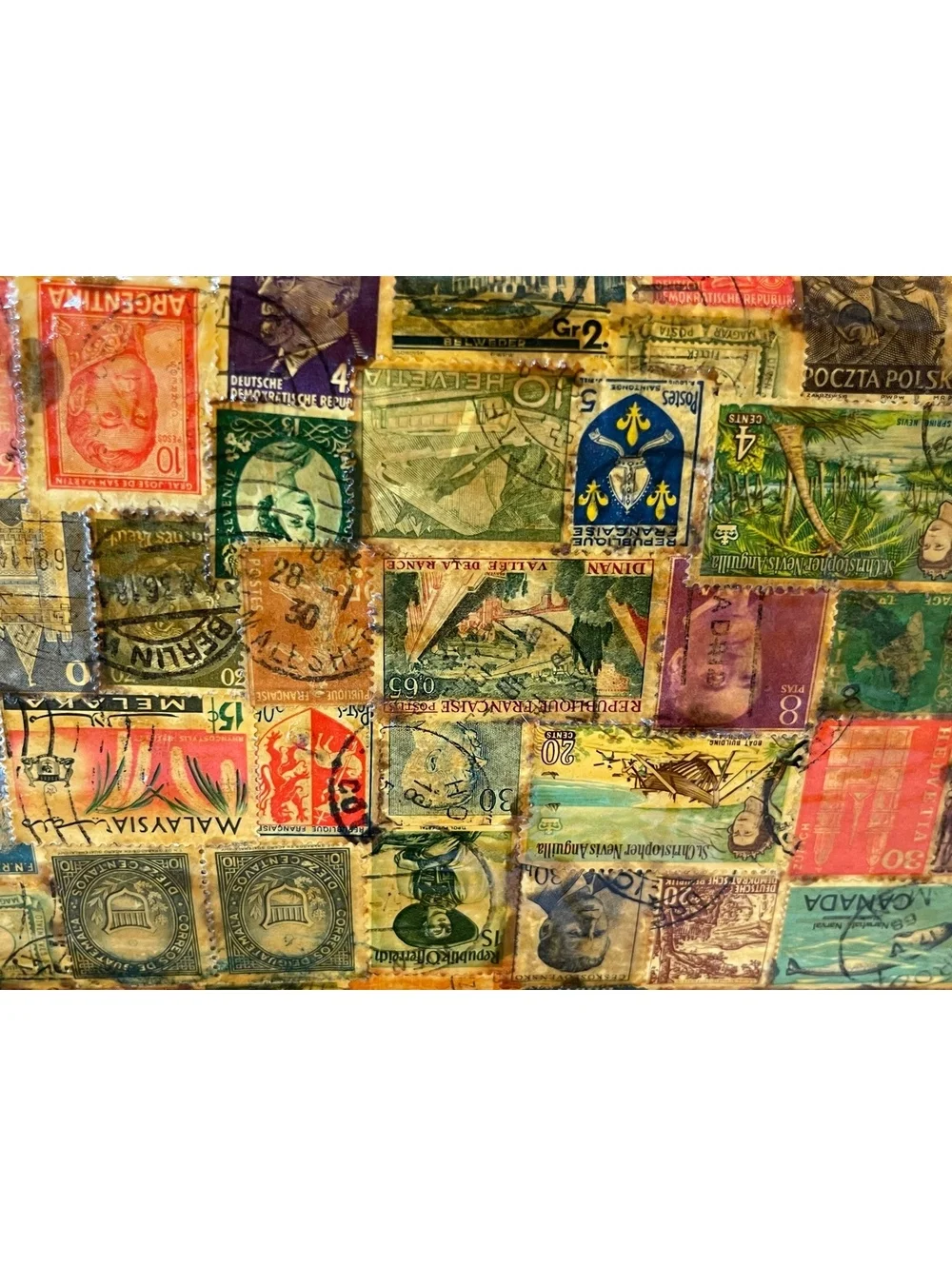 Vintage International Postage Stamp Decoupage Box Purse